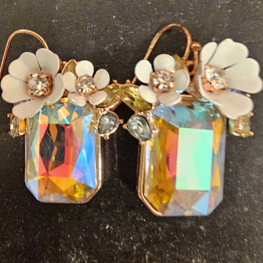 Elegant Gold and White Floral Crystal Earrings